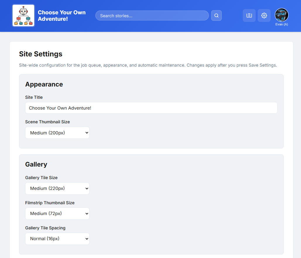 Admin site settings page, part 1